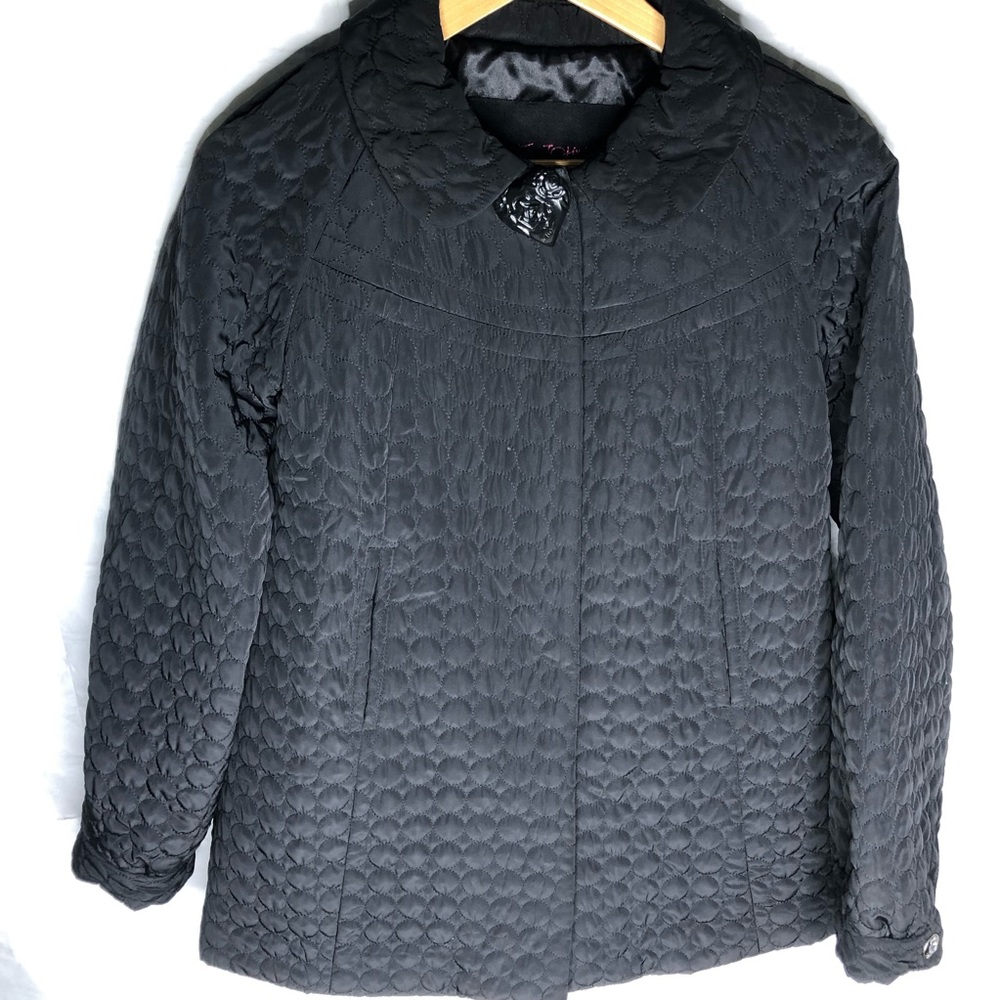 BETSEY JOHNSON Black Quilted Coat Heart Snap Front Jacket Back Bow Lined size XS